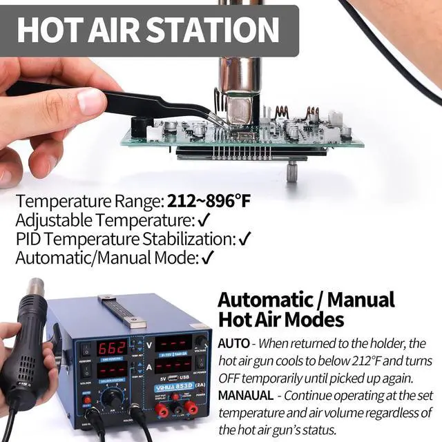 Alt view image 5 of 7 - 853D 2A USB SMD Hot Air Rework Soldering Iron Station, DC Power Supply 0-15V 0-2A with 5V USB Charging Port and 35 Volt DC Voltage Test Meter