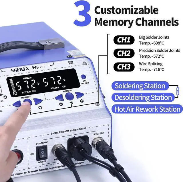 Alt view image 3 of 7 - 948-II 4 in 1 Hot Air Rework Soldering Iron and Desoldering Suction Tin Gun Station with Suction Pick Up Pen °F /°C