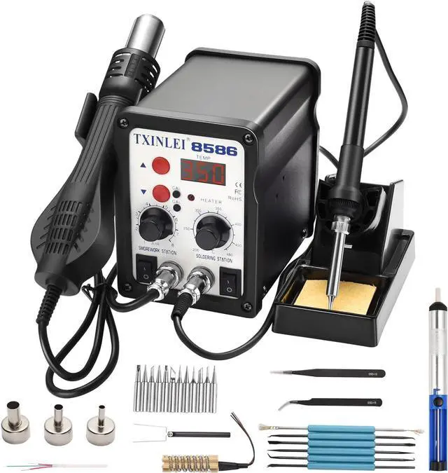 Main image of 8586 110V Solder Station, 2 in 1 Digital Display SMD Hot Air Rework Station and Soldering Iron, 12pcs Different Soldering Tips, Tweezers,Desoldering Pump,700W 480
