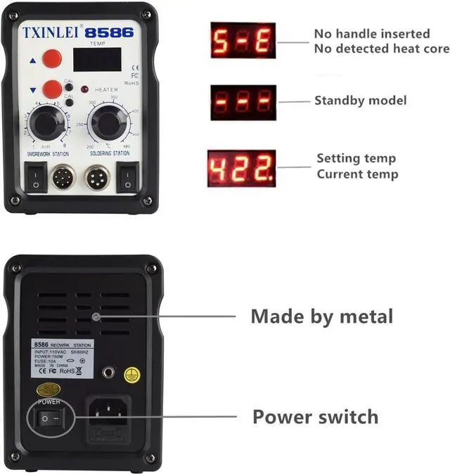 Alt view image 3 of 7 - 8586 110V Solder Station, 2 in 1 Digital Display SMD Hot Air Rework Station and Soldering Iron, 12pcs Different Soldering Tips, Tweezers,Desoldering Pump,700W 480