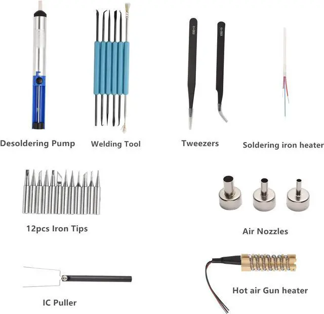 Alt view image 7 of 7 - 8586 110V Solder Station, 2 in 1 Digital Display SMD Hot Air Rework Station and Soldering Iron, 12pcs Different Soldering Tips, Tweezers,Desoldering Pump,700W 480