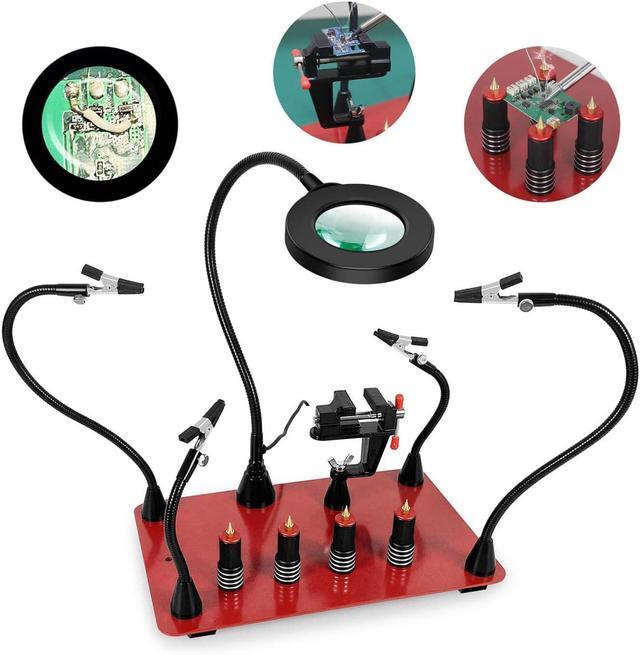 Main image of Soldering Helping Hands Magnetic Third Holder Tool with Large Adjust Light Magnifier Lamp,4 Stand Pillars, PCB Clamp,4 Solder Arms for Electronics Jewelry Crafts Model Repair, Waterproof Base
