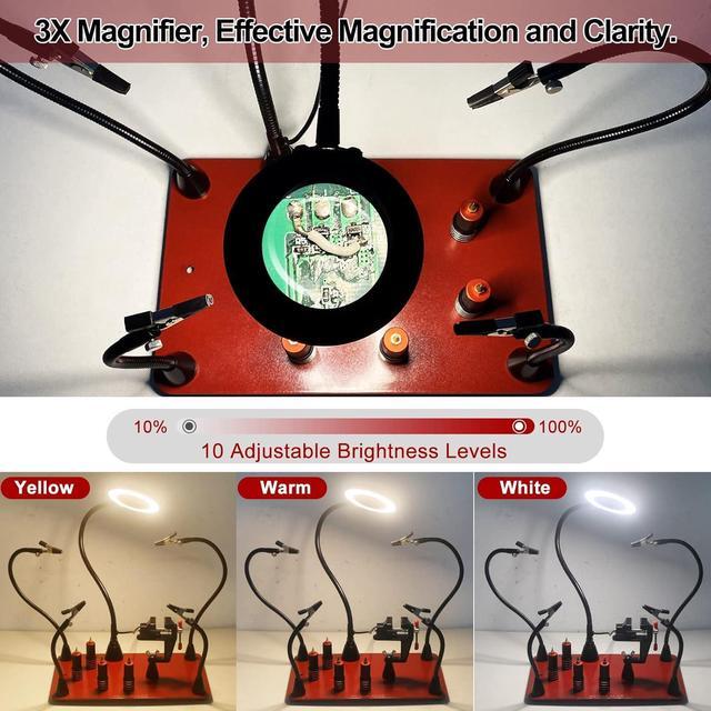 Alt view image 4 of 7 - Soldering Helping Hands Magnetic Third Holder Tool with Large Adjust Light Magnifier Lamp,4 Stand Pillars, PCB Clamp,4 Solder Arms for Electronics Jewelry Crafts Model Repair, Waterproof Base