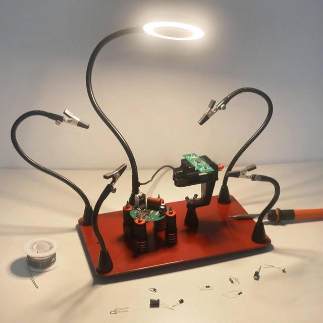 Alt view image 6 of 7 - Soldering Helping Hands Magnetic Third Holder Tool with Large Adjust Light Magnifier Lamp,4 Stand Pillars, PCB Clamp,4 Solder Arms for Electronics Jewelry Crafts Model Repair, Waterproof Base
