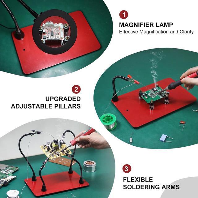 Alt view image 7 of 7 - Soldering Helping Hands Magnetic Third Holder Tool with Large Adjust Light Magnifier Lamp,4 Stand Pillars, PCB Clamp,4 Solder Arms for Electronics Jewelry Crafts Model Repair, Waterproof Base