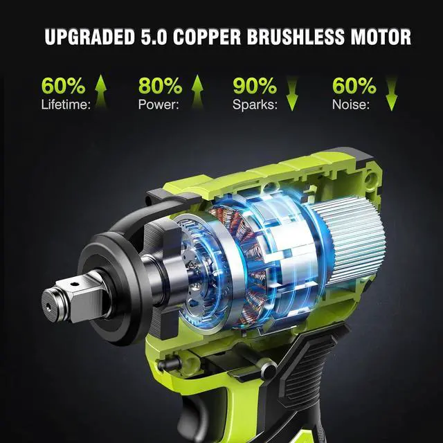 Alt view image 2 of 7 - Cordless Impact Wrench, 406Ft-lbs (550N.m) Brushless 1/2 inch, 2800RPM High Torque Impact Gun, 2x 4.0Ah Battery, Charger, 4 Sockets, Electric Impact Wrench for Car Home