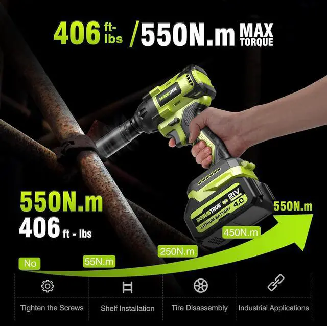 Alt view image 3 of 7 - Cordless Impact Wrench, 406Ft-lbs (550N.m) Brushless 1/2 inch, 2800RPM High Torque Impact Gun, 2x 4.0Ah Battery, Charger, 4 Sockets, Electric Impact Wrench for Car Home