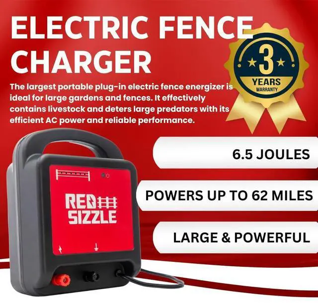 Alt view image 2 of 7 - Electric Fence Charger for Large Pastures | Red Sizzle 62M | Plug in Electric Fence Energizer | 6.5 Joule | Strong Electric Fence for Livestock or Keep Out Bear, Deer, and More