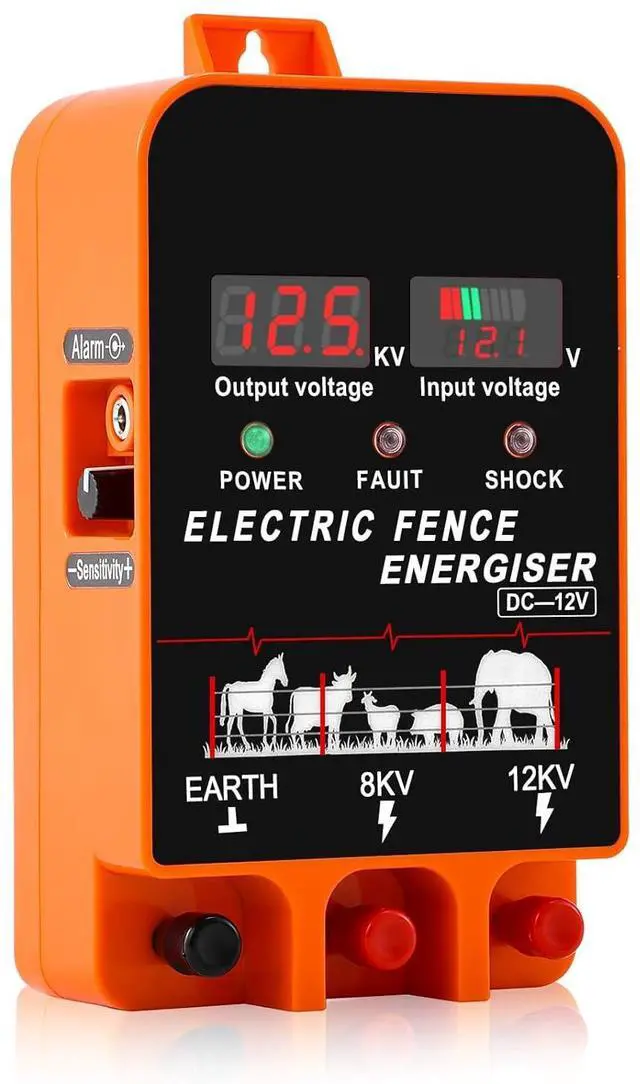 Main image of 5.5J Electric Fence Charger Energizer, 5.5 Joules 200 Acres, AC DC 2 in 1 Powered Supply, Input 12V Output 8 KV or 12KV, with Display and Alarm, Contain Cattle Cow and Livestock, No Remote