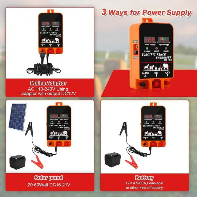 Alt view image 4 of 6 - 5.5J Electric Fence Charger Energizer, 5.5 Joules 200 Acres, AC DC 2 in 1 Powered Supply, Input 12V Output 8 KV or 12KV, with Display and Alarm, Contain Cattle Cow and Livestock, No Remote