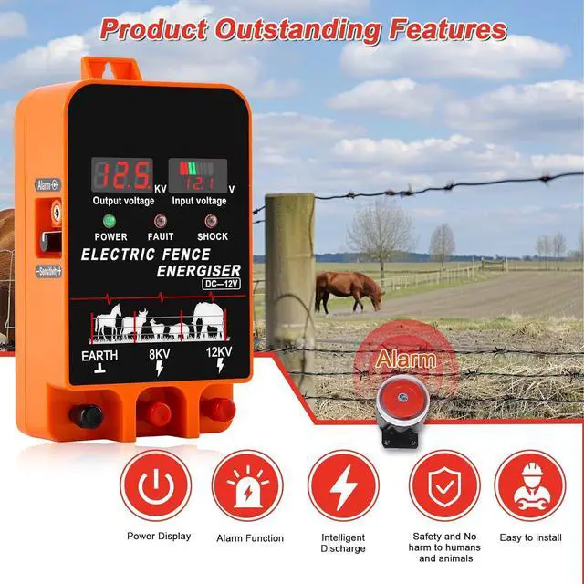 Alt view image 5 of 6 - 5.5J Electric Fence Charger Energizer, 5.5 Joules 200 Acres, AC DC 2 in 1 Powered Supply, Input 12V Output 8 KV or 12KV, with Display and Alarm, Contain Cattle Cow and Livestock, No Remote