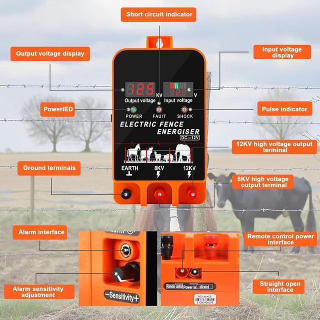 Alt view image 6 of 6 - 5.5J Electric Fence Charger Energizer, 5.5 Joules 200 Acres, AC DC 2 in 1 Powered Supply, Input 12V Output 8 KV or 12KV, with Display and Alarm, Contain Cattle Cow and Livestock, No Remote
