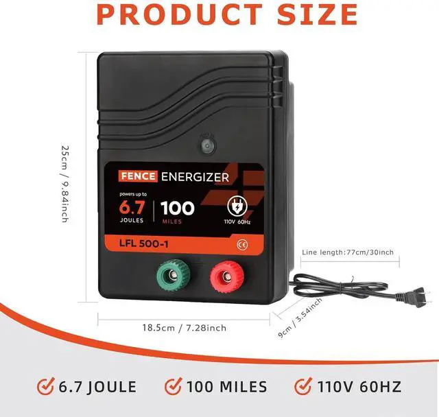 Alt view image 2 of 7 - Electric Fence Charger AC Powered 100 Miles 300 Acres, 110 Volt 6.7 Joule Plug-In Electric Fence Energizer, Output Voltage Max 10.2 kV for Livestock, Preventing Predators from Intruding
