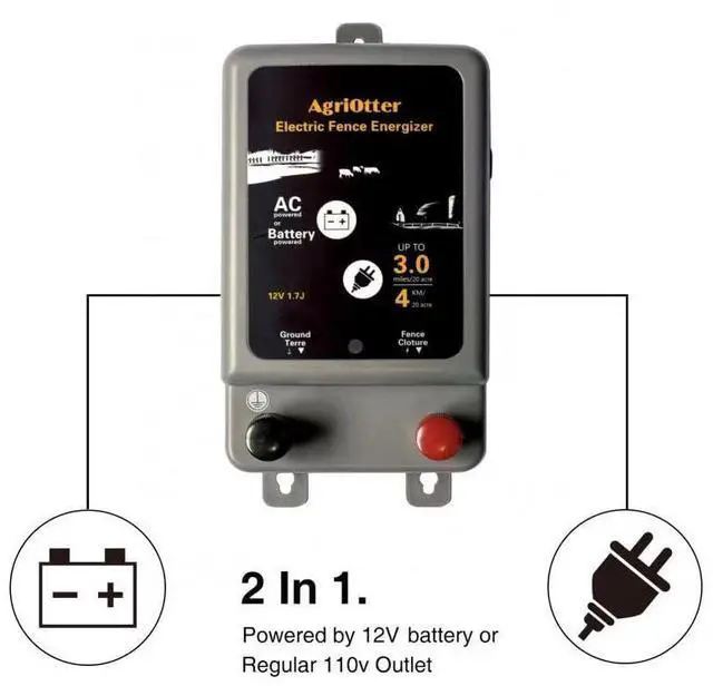 Alt view image 2 of 6 - Electric Fence Energizer 15 Acre 2 in 1 Powered by Battery or AC Outlet 8000V 1.75J Pulse Electric