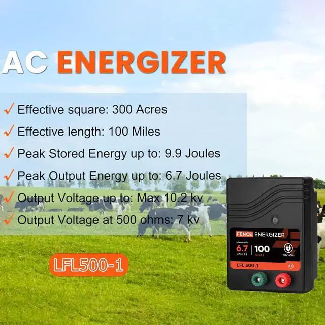Alt view image 7 of 7 - Electric Fence Charger AC Powered 100 Miles 300 Acres, 110 Volt 6.7 Joule Plug-In Electric Fence Energizer, Output Voltage Max 10.2 kV for Livestock, Preventing Predators from Intruding