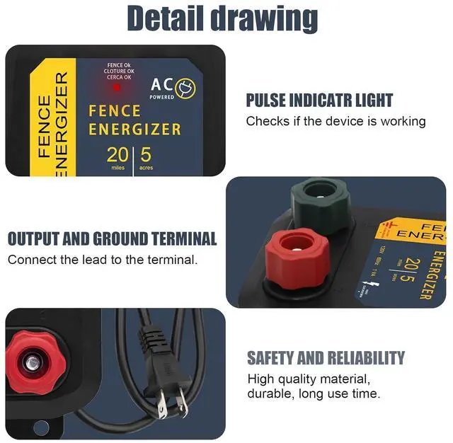 Alt view image 7 of 7 - Electric Fence Energizer 5 Miles/ 20 Acres AC Powered 120 Volt, Plug-in Electric Fence Charger Output 0.2 Joule for Preventing Raccoons, Livestock, Squirrels, Chicken Coops, Skunks intruding
