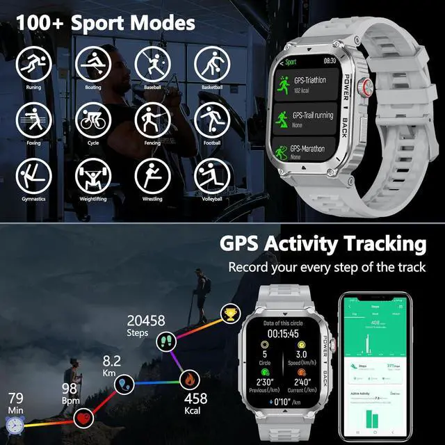 Alt view image 3 of 7 - Military Smart Watch with GPS and Map(Answer/Make Call), Smartwatches with Health Monitor, Compass/Altitude/Air Pressure,100+ Sport Modes, Fitness Tracker for Android/iPhone (with GPS+Map, Gray)