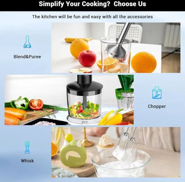 Alt view image 4 of 7 - Immersion Blender RPM 16000±10% Hand Blender,15 Speed and Turbo Mode Hand Mixer, 3-in-1 Heavy Duty Copper Motor Stainless Steel Smart Stick with Egg Beaters and Chopper