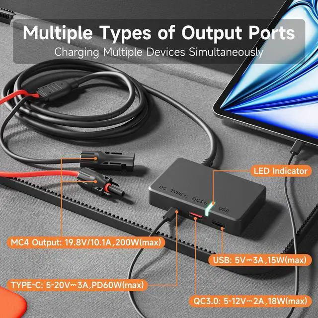 Alt view image 2 of 7 - 200W Portable Solar Panel for Power Station, 24% High Efciency ETFE Foldable Solar Panel Charr, QC3.0, Type-C 60W, MC4 Output, IP65 Waterproof, for Outdoor Camping, RV, Emerncy Power Supply