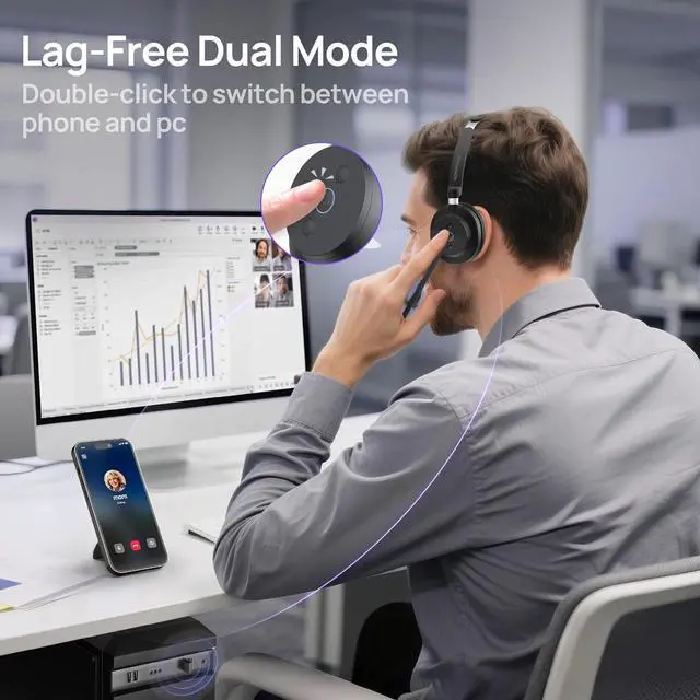 Alt view image 2 of 7 - Wireless Headset, Bluetooth Headphones & 2.4G USB Dongle with Noise Cancelling Mic, Mute Button - for PC, Laptop, Call Center, Home Office, Zoom, Teams Meeting