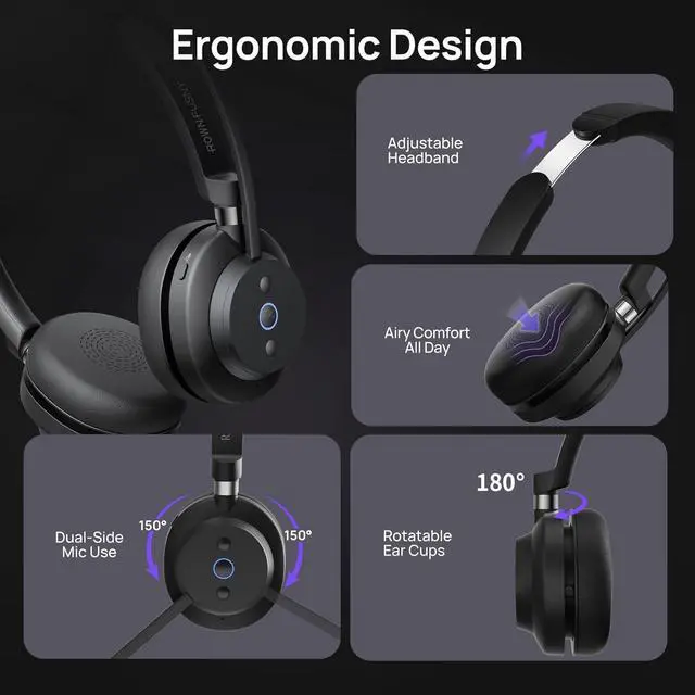 Alt view image 6 of 7 - Wireless Headset, Bluetooth Headphones & 2.4G USB Dongle with Noise Cancelling Mic, Mute Button - for PC, Laptop, Call Center, Home Office, Zoom, Teams Meeting