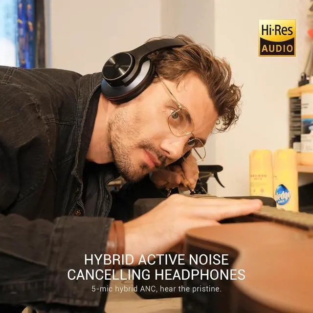 Alt view image 2 of 7 - A10 Hybrid Active Noise Cancelling Headphones, Hi-Res Audio, 50H Playtime with Speed Char, Travel Case, Wireless/Wired, Built-in Mic, Bluetooth Over Ear Headphones for Work Travel