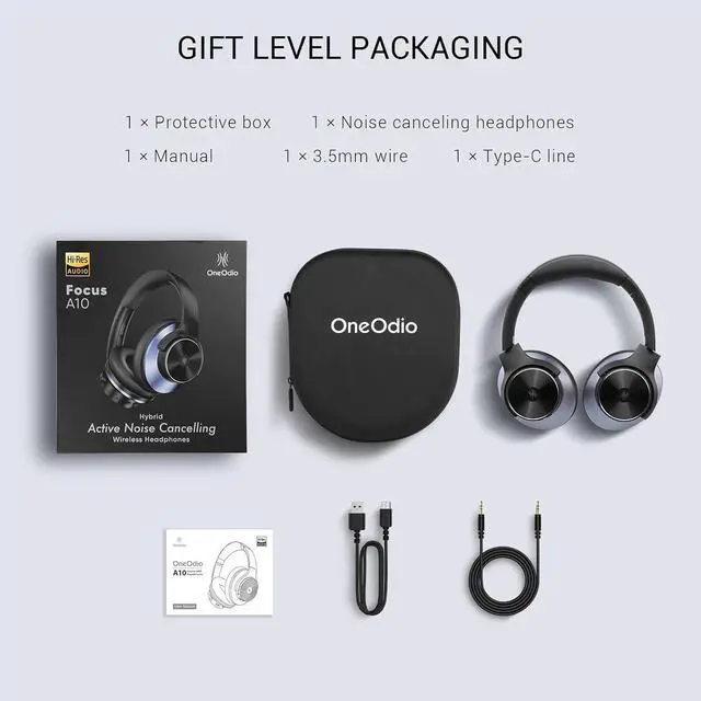Alt view image 7 of 7 - A10 Hybrid Active Noise Cancelling Headphones, Hi-Res Audio, 50H Playtime with Speed Char, Travel Case, Wireless/Wired, Built-in Mic, Bluetooth Over Ear Headphones for Work Travel