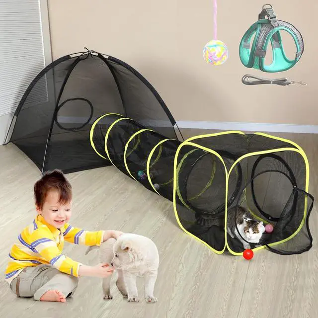 Alt view image 7 of 7 - Outdoor Cat Enclosures for Indoor, Portable Mesh Tent, Outdoor pet Tunnel, Cat Playhouse with Adjustable Cat Harness and Leash for Wal, Colorful Tease Ball for Small Animals