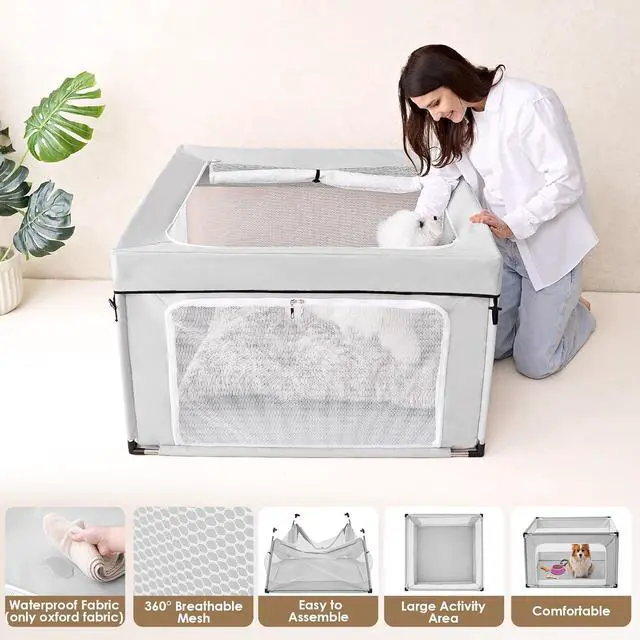Alt view image 3 of 7 - 42x42x26 Inches Puppy Playpen for Dogs & Cats Indoor or Outdoor - Dog Play Pen with Door, Dog Fence for Small Pets with Heavy-Duty Oxford & Steel Frame, with Cover