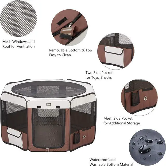 Alt view image 2 of 7 - Dog Playpen 36" Portable Pet Play Pens for Small Dog/Cat/Rabbit/Chicks, Foldable Exercise Kennel Tent Crate Indoor/Outdoor Travel Camping, Removable Top/Bottom (Brown, Medium (36"x36"x20"), 8)
