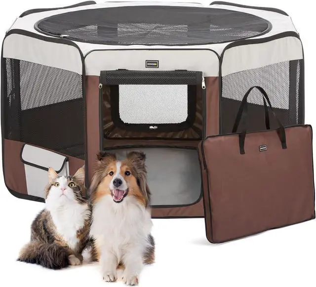 Main image of Dog Playpen 36" Portable Pet Play Pens for Small Dog/Cat/Rabbit/Chicks, Foldable Exercise Kennel Tent Crate Indoor/Outdoor Travel Camping, Removable Top/Bottom (Brown, Medium (36"x36"x20"), 8)