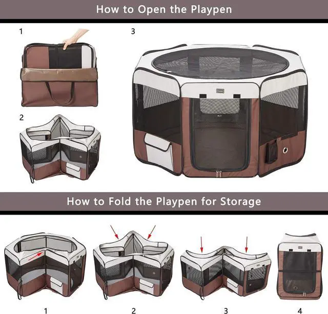 Alt view image 3 of 7 - Dog Playpen 36" Portable Pet Play Pens for Small Dog/Cat/Rabbit/Chicks, Foldable Exercise Kennel Tent Crate Indoor/Outdoor Travel Camping, Removable Top/Bottom (Brown, Medium (36"x36"x20"), 8)