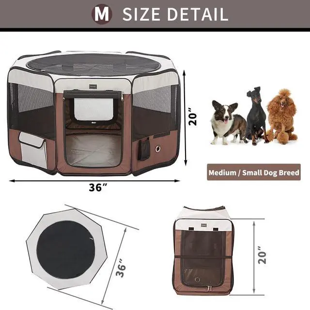 Alt view image 4 of 7 - Dog Playpen 36" Portable Pet Play Pens for Small Dog/Cat/Rabbit/Chicks, Foldable Exercise Kennel Tent Crate Indoor/Outdoor Travel Camping, Removable Top/Bottom (Brown, Medium (36"x36"x20"), 8)