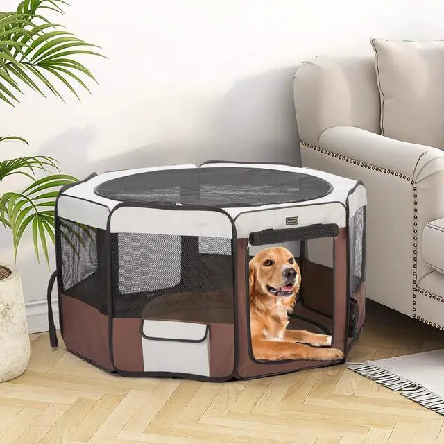 Alt view image 7 of 7 - Dog Playpen 36" Portable Pet Play Pens for Small Dog/Cat/Rabbit/Chicks, Foldable Exercise Kennel Tent Crate Indoor/Outdoor Travel Camping, Removable Top/Bottom (Brown, Medium (36"x36"x20"), 8)