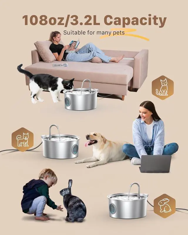 Alt view image 2 of 7 - Cat Fountains for Drin Stainless Steel: 108oz/3.2L Cat Water Fountain Led Light - Running Pet Water Fountain ltered -  Faucet Like Pet Water Fountains for Cats Indoor with 9 lters