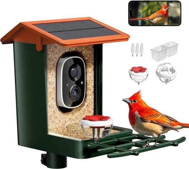 Smart Bird Feeder with Camera Solar Powered 1080P HD Video, 10,000+ Species AI Recognition, Real-Time App Alerts, and Weatherproof Design for Efless Birdwatching, Gift for Bird Lovers, Oran