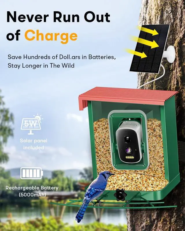 Alt view image 5 of 7 - Metal Smart Bird Feeder with Camera  Solar Powered, AI Bird Identication & 2.5K HD Auto Capture Videos, Arrival Notications, 2.1L Capacity & 100% Durable Design