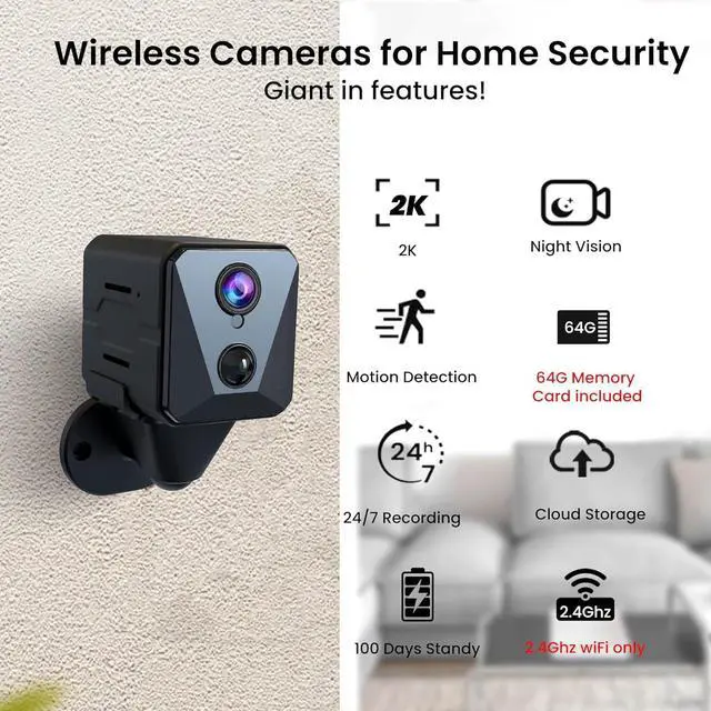Alt view image 2 of 6 - Security Camera, 2K WiFi Indoor Camera with 64G SD Card, 100 Days Standby Battery Life, Clear Night Vision, AI Motion Detection, Real-Time Record Security Wireless Surveillance Camera