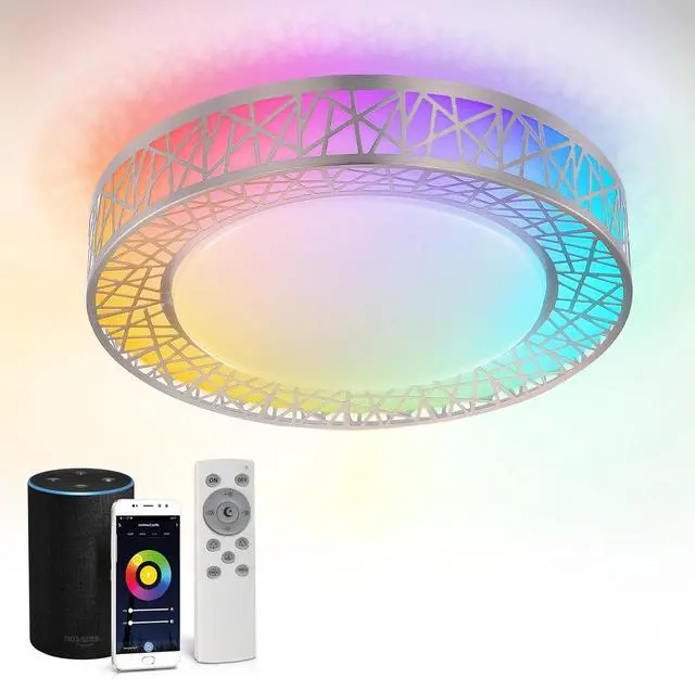 Main image of 16 Inch Smart RGBW Flush Mount Ceiling Light with Remote - Brushed Nickel 28W 120V 2700-6500K Dimmable Ceiling Light xture, Wi App Control RGB Lights, Alexa &  Assistant - ETL