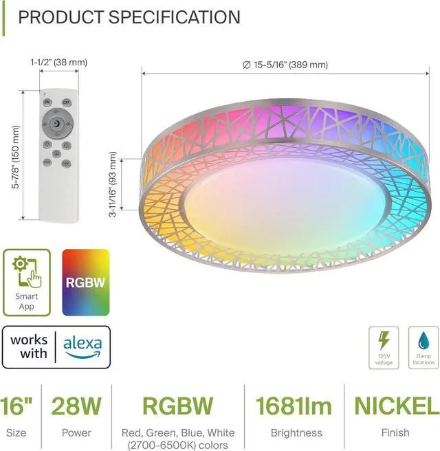 Alt view image 2 of 7 - 16 Inch Smart RGBW Flush Mount Ceiling Light with Remote - Brushed Nickel 28W 120V 2700-6500K Dimmable Ceiling Light xture, Wi App Control RGB Lights, Alexa &  Assistant - ETL