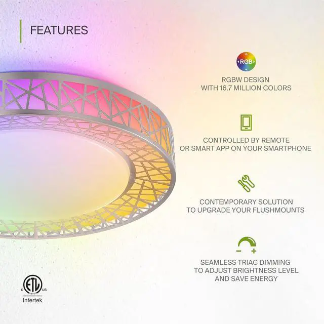 Alt view image 4 of 7 - 16 Inch Smart RGBW Flush Mount Ceiling Light with Remote - Brushed Nickel 28W 120V 2700-6500K Dimmable Ceiling Light xture, Wi App Control RGB Lights, Alexa &  Assistant - ETL