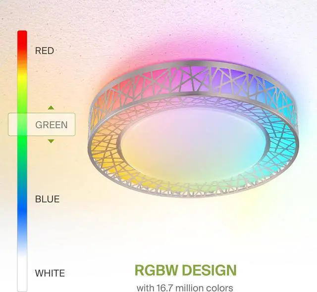 Alt view image 5 of 7 - 16 Inch Smart RGBW Flush Mount Ceiling Light with Remote - Brushed Nickel 28W 120V 2700-6500K Dimmable Ceiling Light xture, Wi App Control RGB Lights, Alexa &  Assistant - ETL