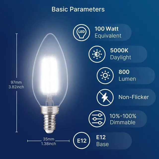 Alt view image 2 of 7 - 100W Equivalent Candelabra LED Bulbs 5000K Daylight, Dimmable LED Chandelier Light Bulbs for Dining Room, Living Room, Porch, 800LM, E12 Base, 24 Pack UL,CA65 Listed.
