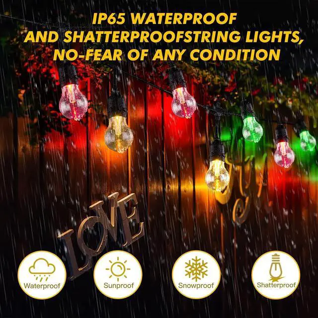 Alt view image 4 of 7 - Auroraworld Outdoor String Lights RGB, 48FT Dimmable Patio String Lights with Shatterproof Edison Bulbs, Remote, Commercial Lights for Cafe, Patio, Yard, Party
