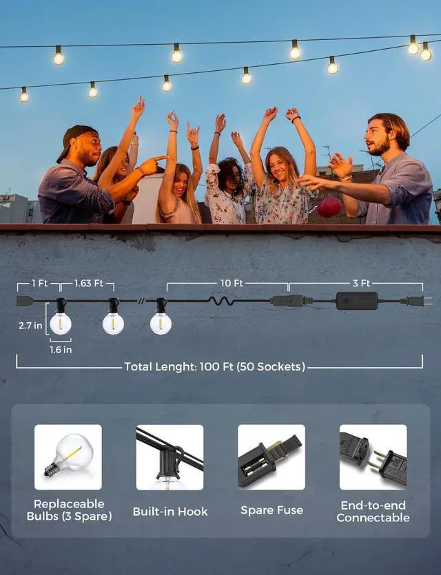 Alt view image 6 of 7 - Outdoor String Lights, Smart Patio Lights 100Ft Dimmable Outdoor Lights Warm White, 50 G40 LED Bulbs, Wi String Lights for Outside, Work with Alexa, APP Control, Waterproof Extendable