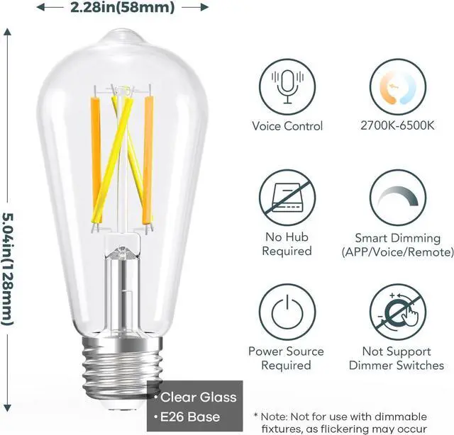 Alt view image 2 of 6 - Smart Edison Bulbs, 2700K-6500K Tunable Wi Edison Bulbs with Remote Control, 8W 60W Equivalent Dimmable ST19(ST58) Vinta Light Bulbs 800lm, Compatible with Alexa &  Home, 6-Pack