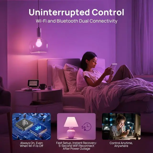 Alt view image 3 of 7 - Wi Smart Light Bulbs, Alexa Light Bulb Work with Alexa,  Home, RGBTW 16 Million Color Changing Light Bulbs Dimmable, Mood Lighting, 2.4GHz Only, A19 E26 Wi Bulb 60W 800LM 8 Pack