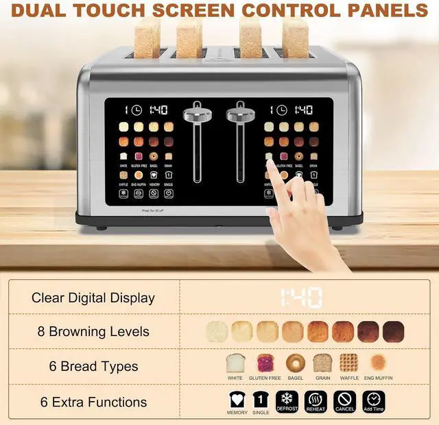 Alt view image 2 of 7 - 4 Slice Toaster Touch Screen, Stainless Steel Toasters Digital Timer, Dual Control Panel Toasters, 8 Shade Settings 6 Bread Types for Bagel, Cancel, Defrost 1650W