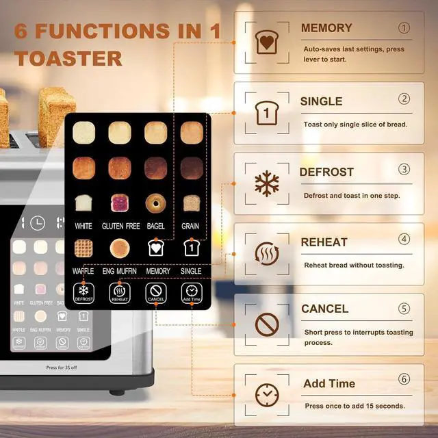 Alt view image 3 of 7 - 4 Slice Toaster Touch Screen, Stainless Steel Toasters Digital Timer, Dual Control Panel Toasters, 8 Shade Settings 6 Bread Types for Bagel, Cancel, Defrost 1650W