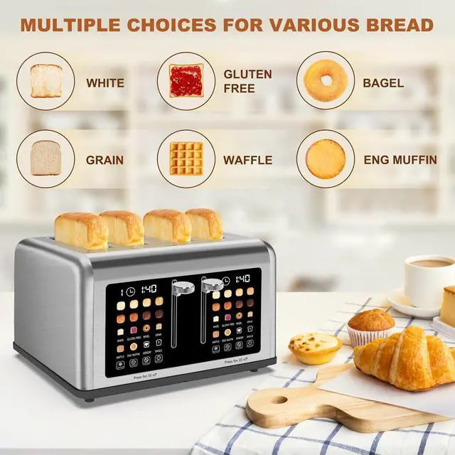 Alt view image 5 of 7 - 4 Slice Toaster Touch Screen, Stainless Steel Toasters Digital Timer, Dual Control Panel Toasters, 8 Shade Settings 6 Bread Types for Bagel, Cancel, Defrost 1650W